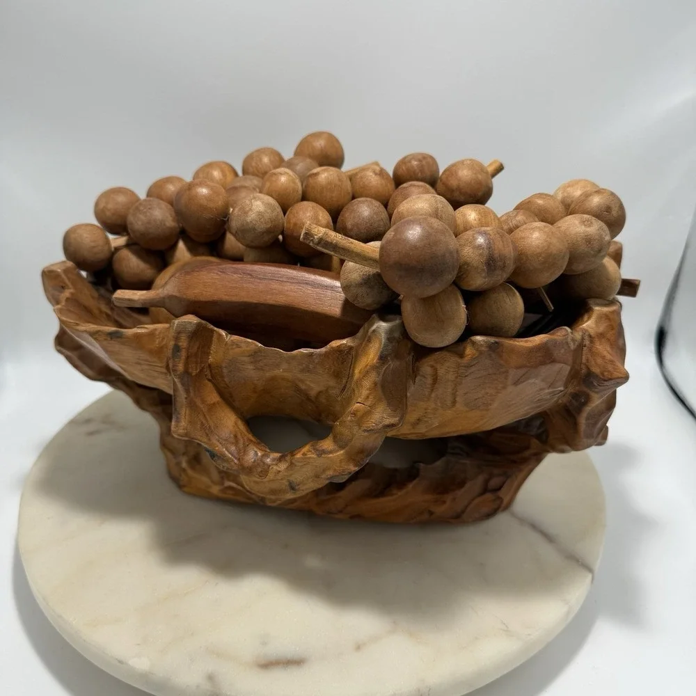 Wooden Fruit-Set Vintage MCM Monkey Pod Bowl Of 9 Pcs of Fruit